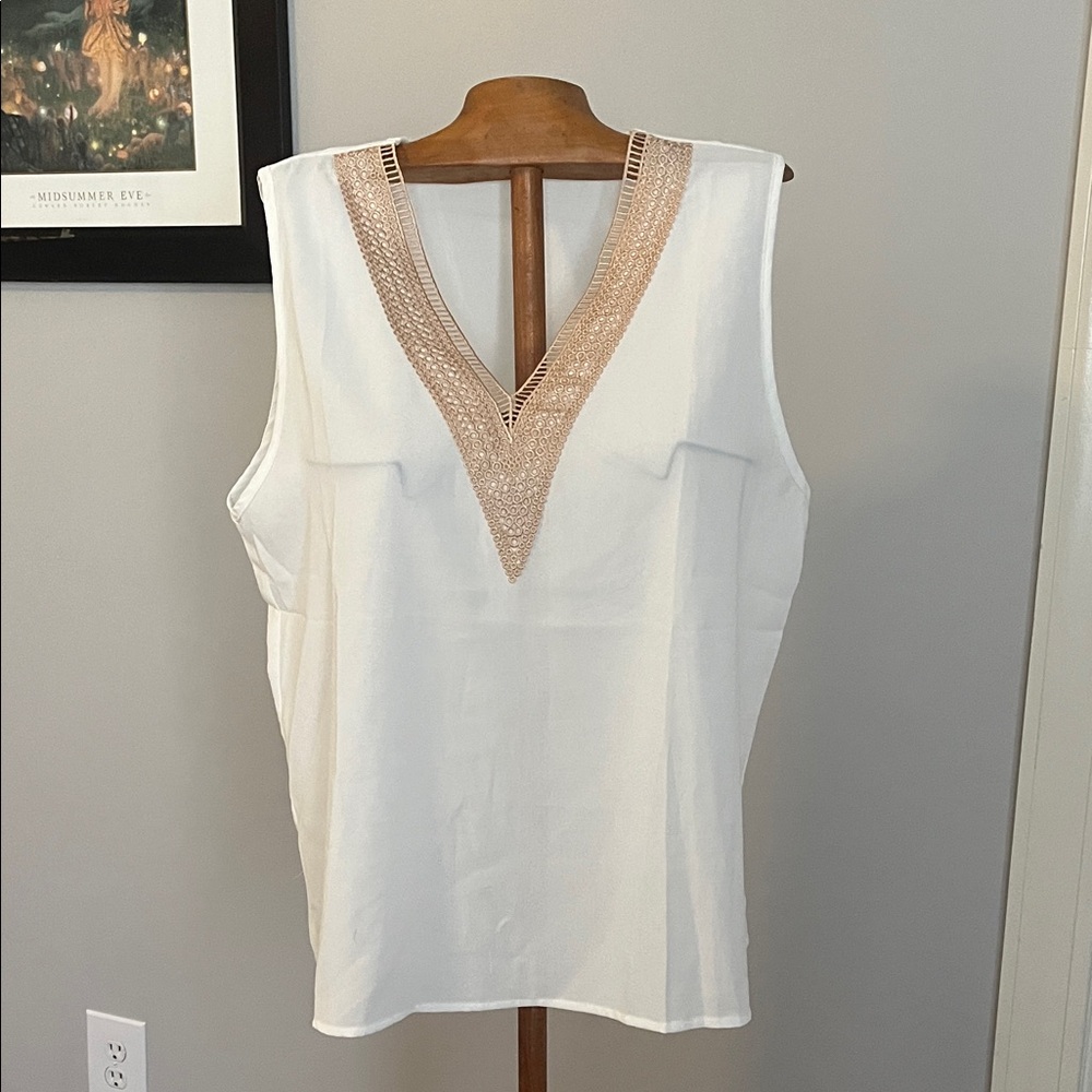 Elegant White Sleeveless Top with Gold Accents